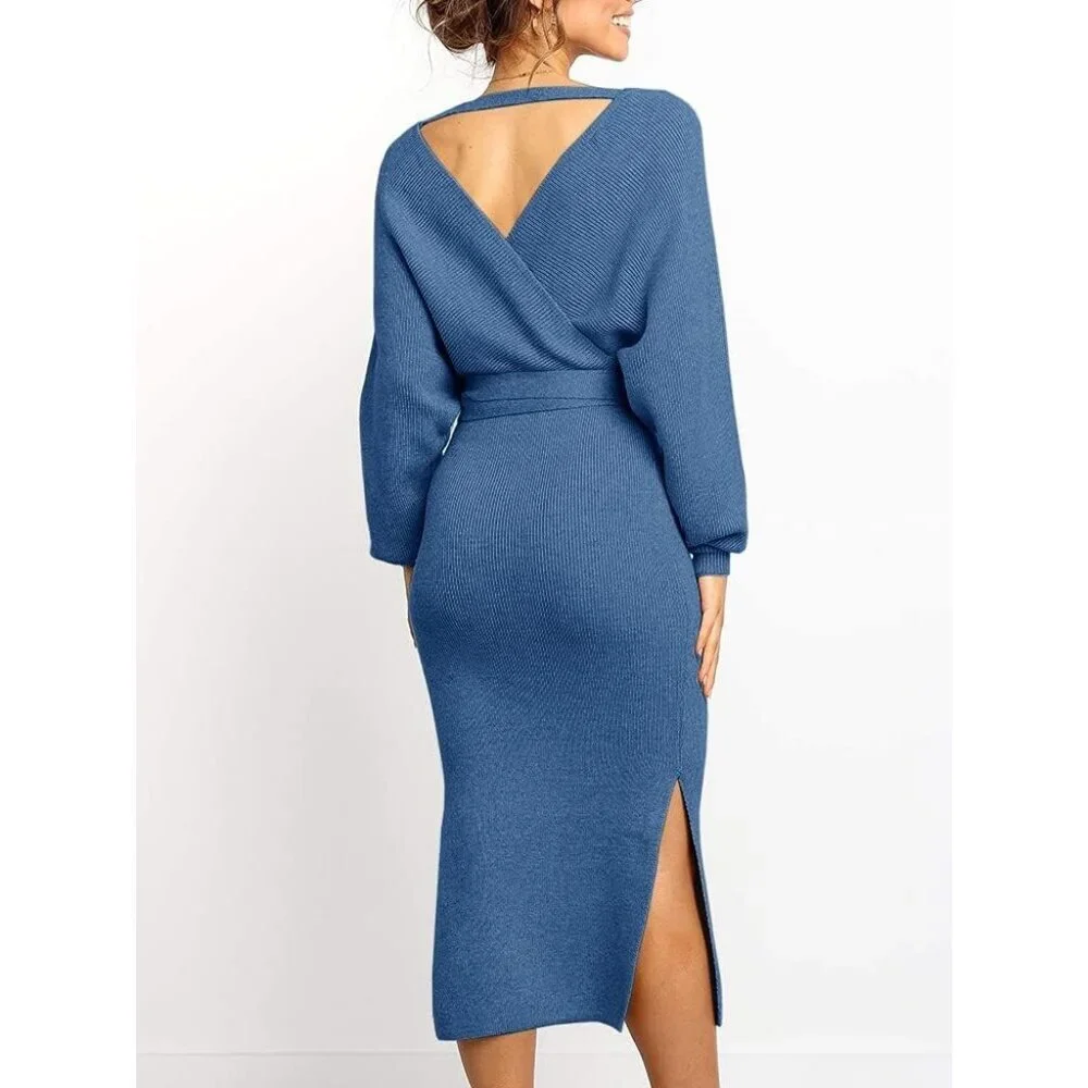 Women's Sweater Dress Wrap Batwing V Neck Slit Bodycon Dress Jeans Blue - Picture 3 of 7
